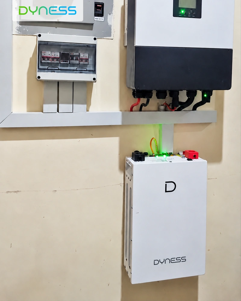 Batteria Dyness DL5.0F a parete accanto a un inverter in Yemen Batteria Dyness DL5.0F a parete accanto a un inverter in Yemen
